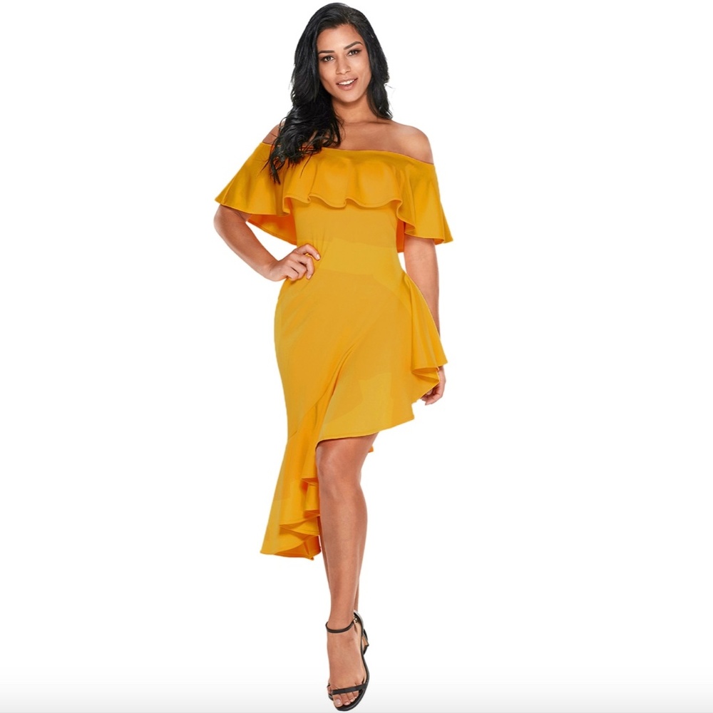 NWT Off The Shoulder Asymmetrical Ruffle Dress - Picture 3 of 5